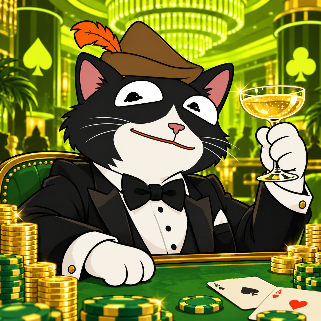 PUSS in a tuxedo at a neon casino