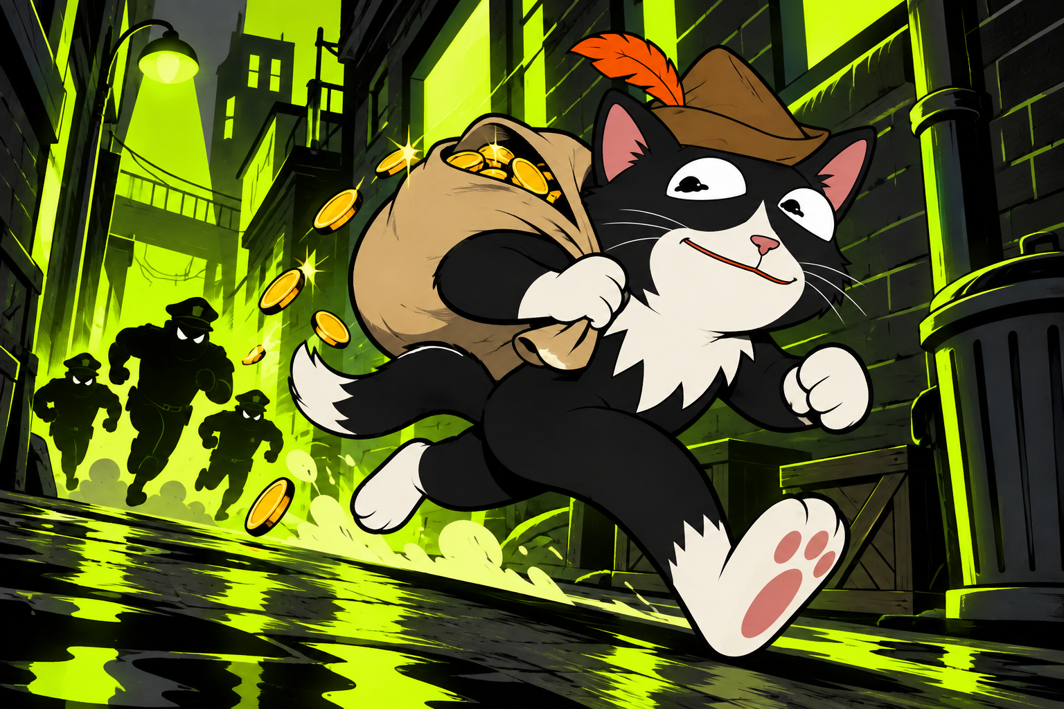 PUSS escaping through an alley with coins