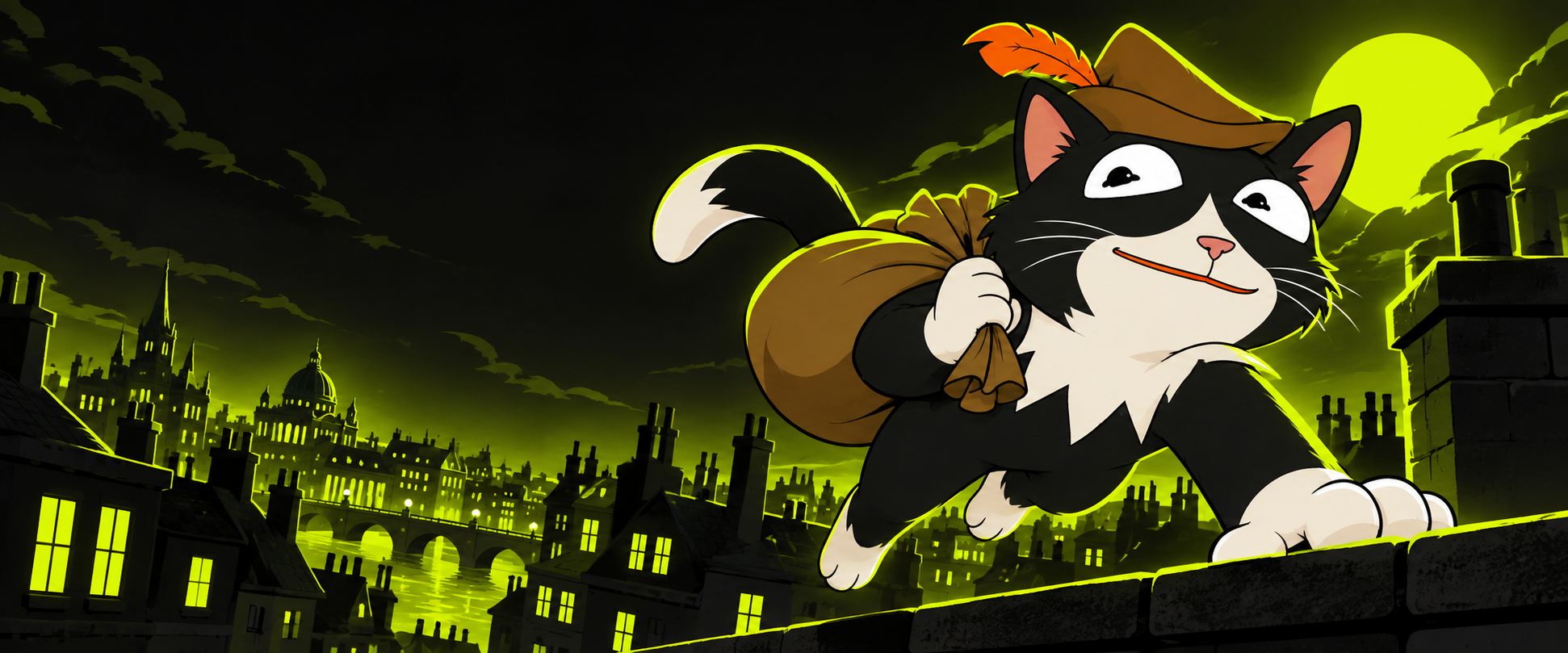 PUSS crossing neon rooftops with a bag of loot