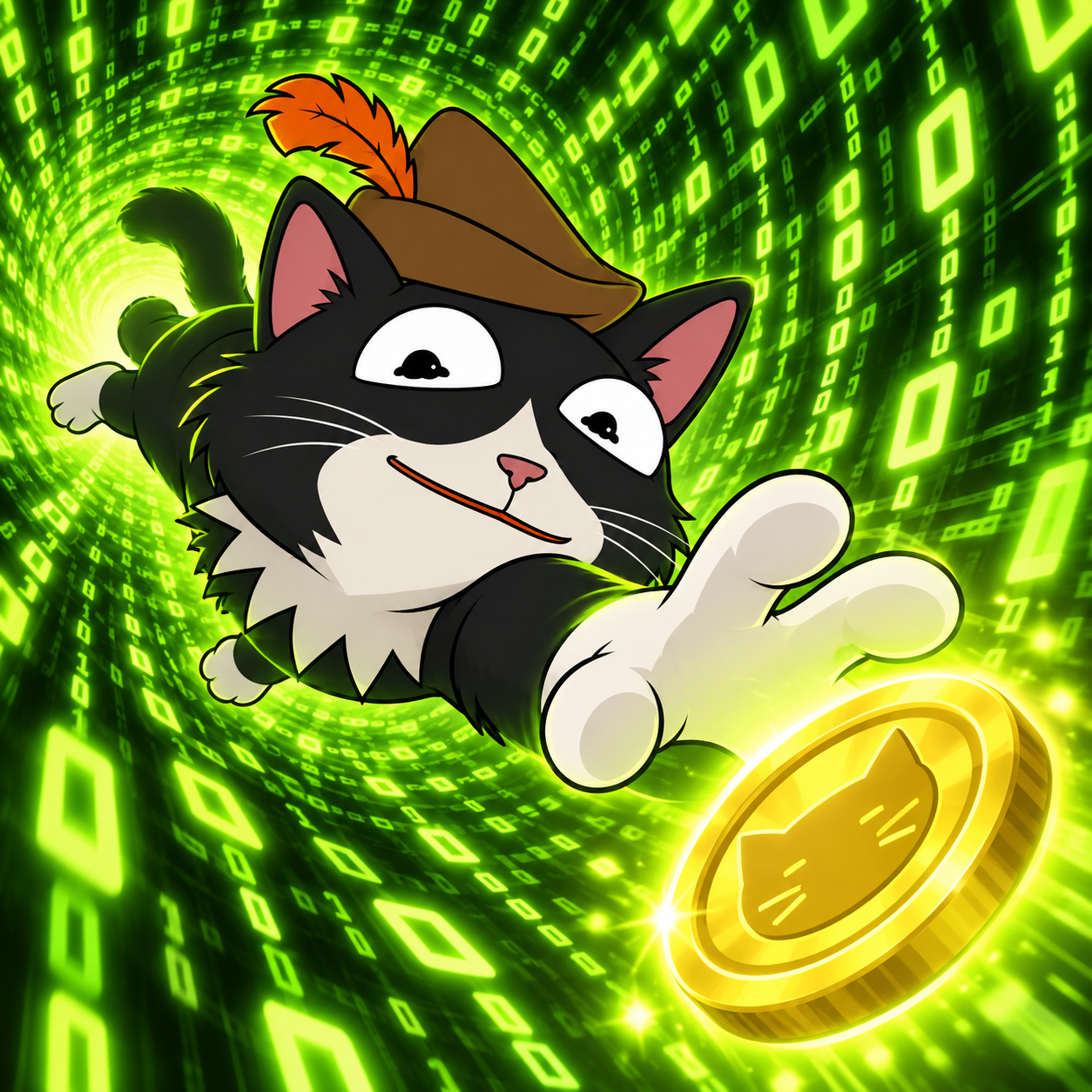 PUSS reaching for a coin inside a digital tunnel