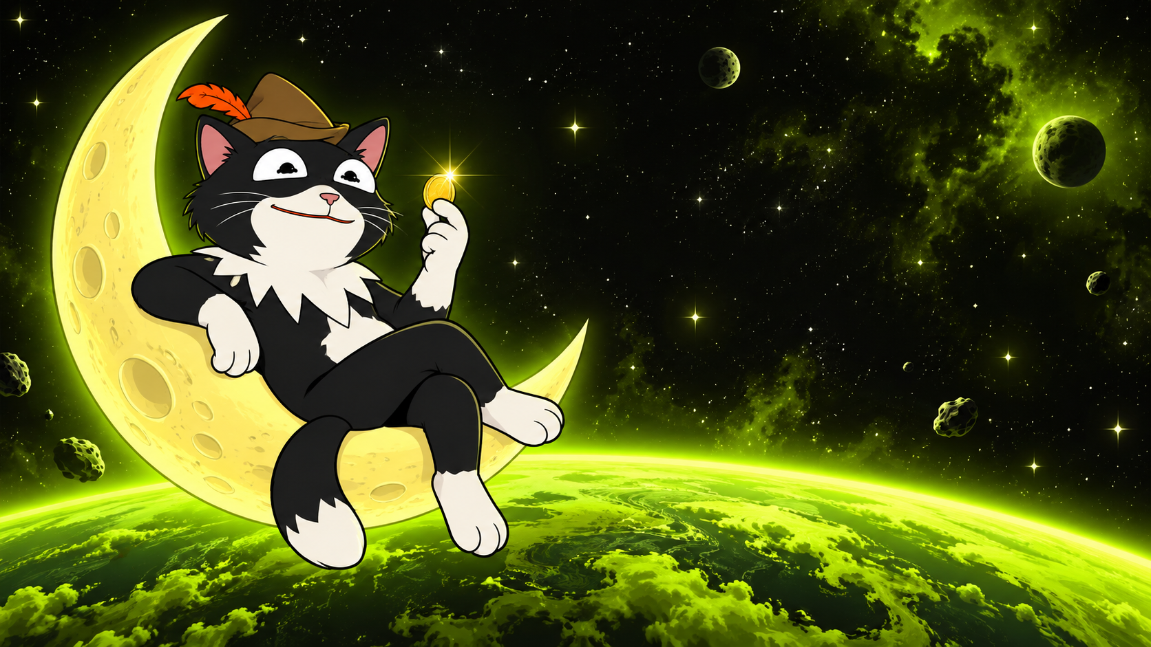 PUSS sitting on a crescent moon