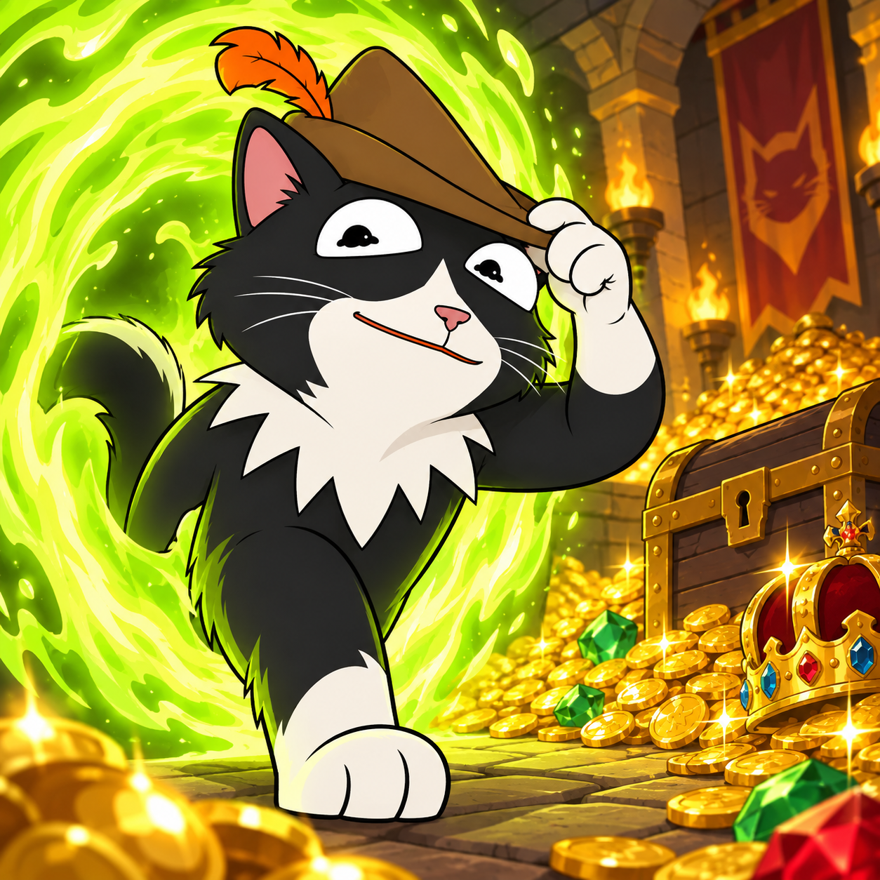 PUSS steps through a portal into a treasure room