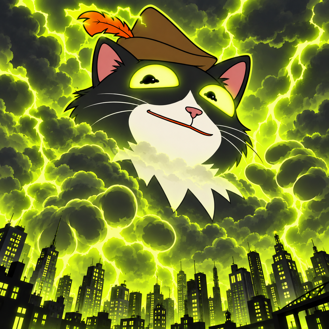 A giant storm-cloud PUSS towers over the city