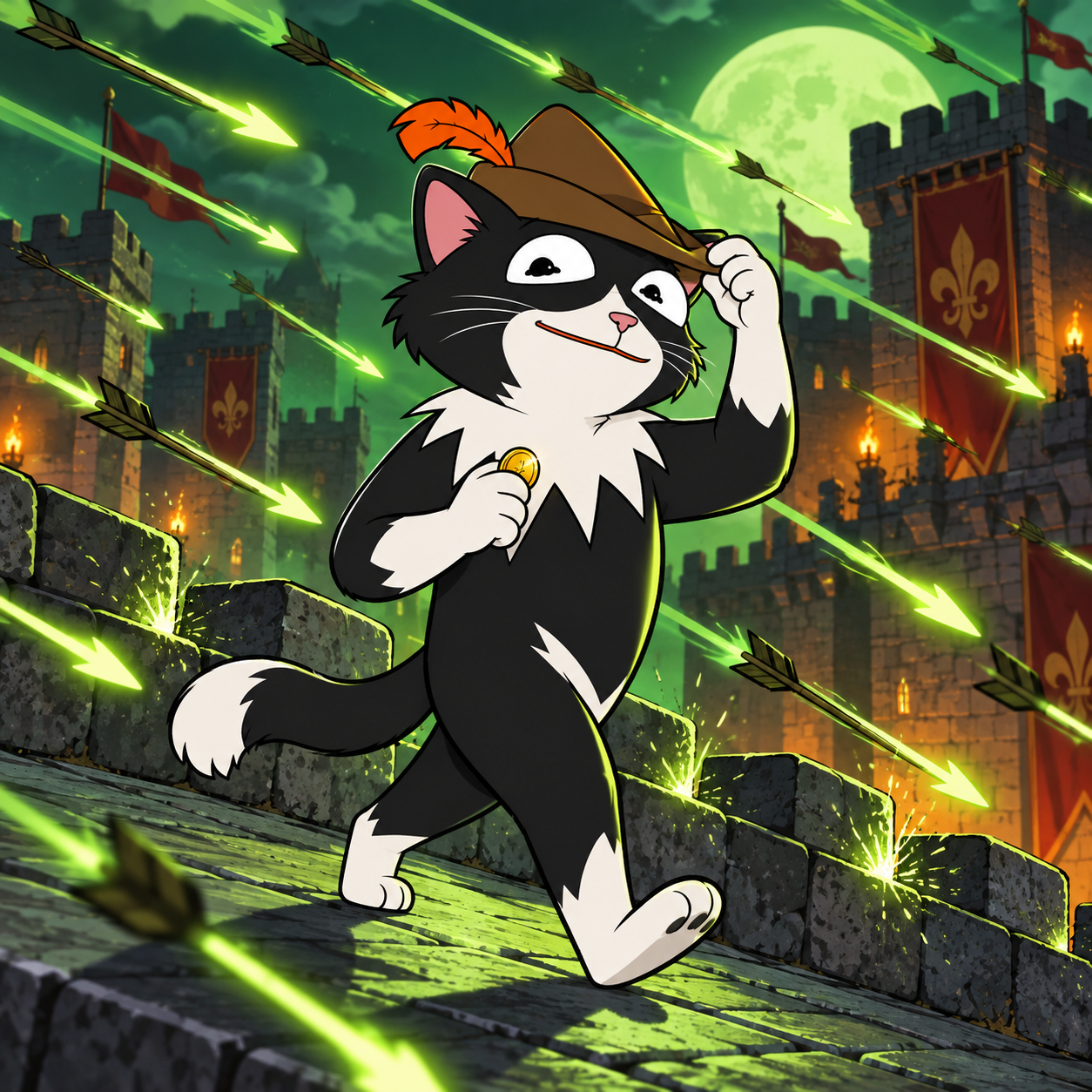 PUSS calmly crossing a castle rooftop through a volley of glowing arrows
